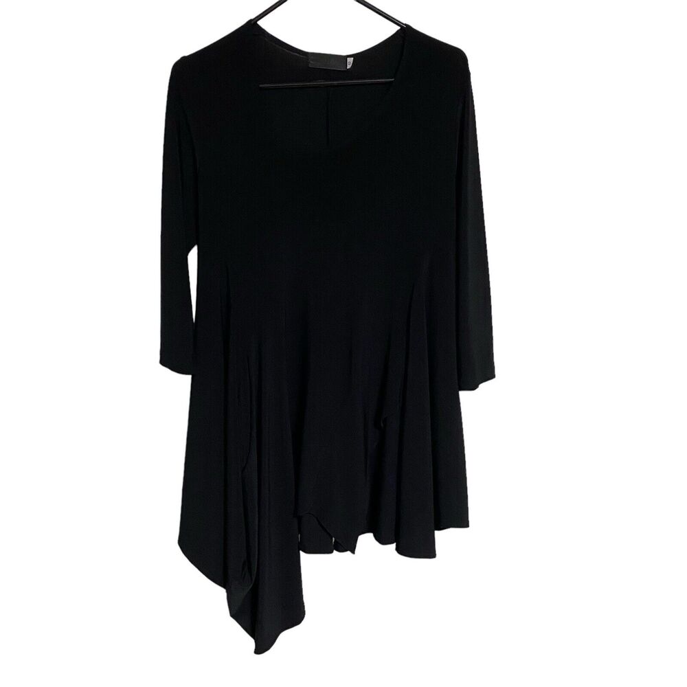 SYMPLI Black Tunic Top Sz 12 Stretch Travel Asymmetrical Neckline Hem 3/4 Sleeve